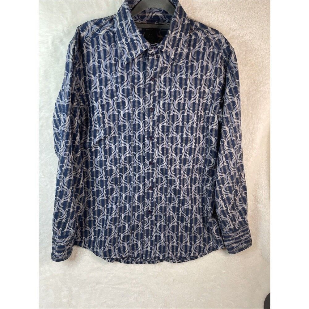 J. Ferrar Men’s Modern Fit Navy & Beige Pattern Button-Up Shirt | Size M 15–15.5